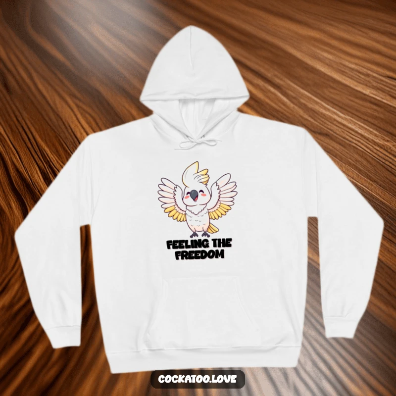 Funny hoodie: A happy cockatoo stretches its wings wide with exuberant joy, creating a comforting and humorous wearable art piece.