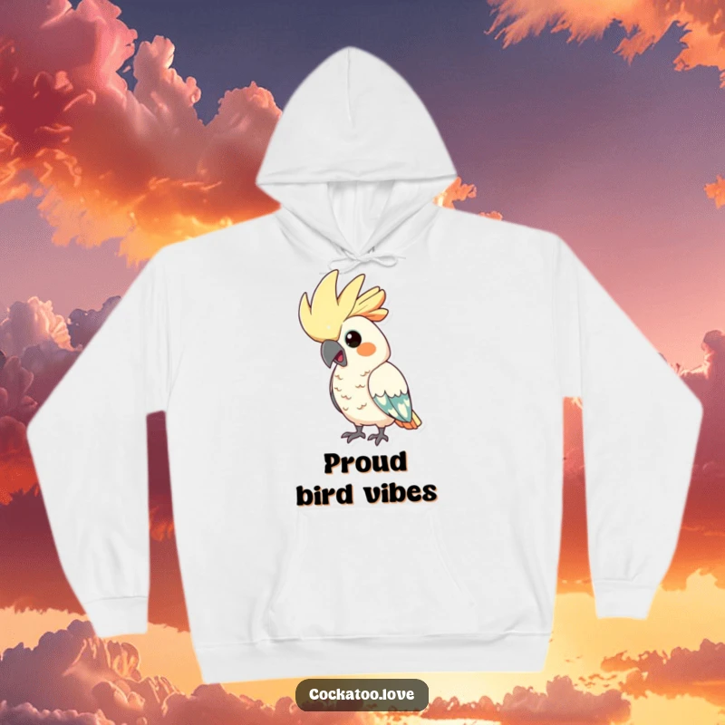 Funny cockatoo hoodie, featuring a bird with its crest dramatically puffed out in a comically proud stance.