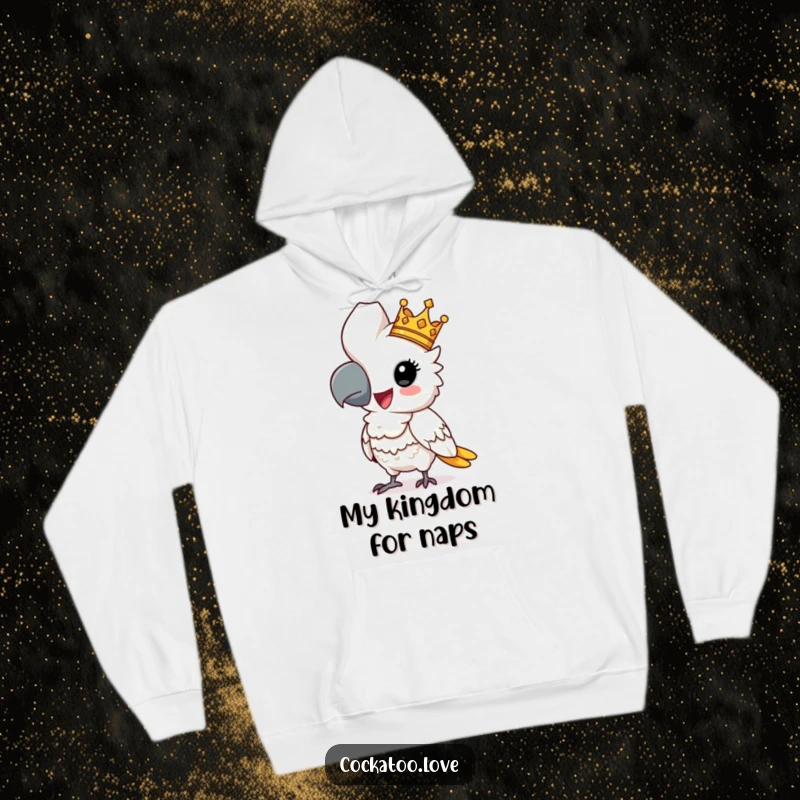 Funny cockatoo hoodie depicting a comical regal bird with a tiny crown, striking a majestic pose, perfect for cozy humor.