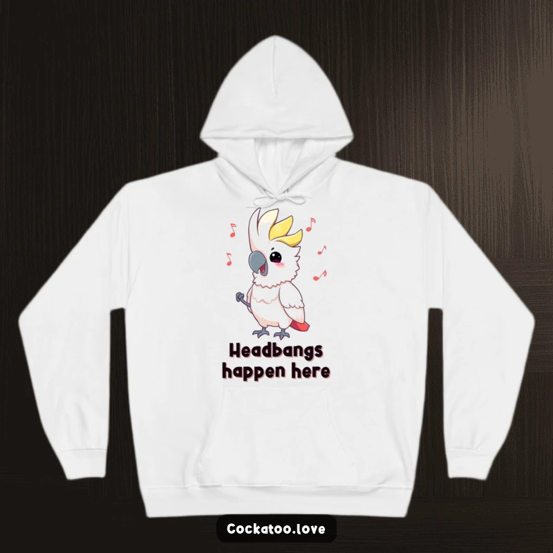 Funny Cockatoo Hoodie bobbing head to unseen music, radiating warmth and playful energy, ideal for cold days and a funny gift.