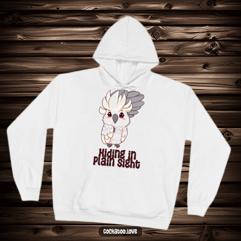 Funny Shy Cockatoo Hoodie: Comfortable hoodie featuring a shy bird character peeking playfully from behind a large feather.