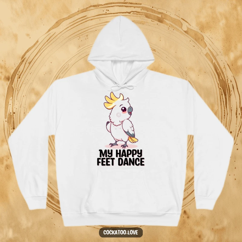 Funny cockatoo hoodie, depicting a bird performing a humorous shuffle dance, perfect for cozying up or dancing around.