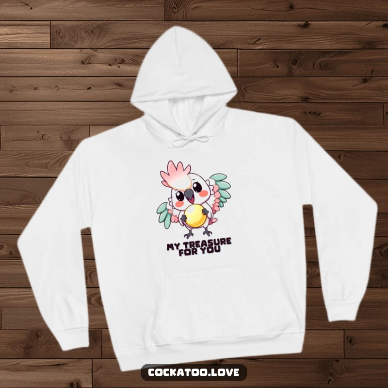 Funny hoodie: A playful cockatoo offers a tiny, shiny object, creating a heartwarming and humorous wearable art piece.