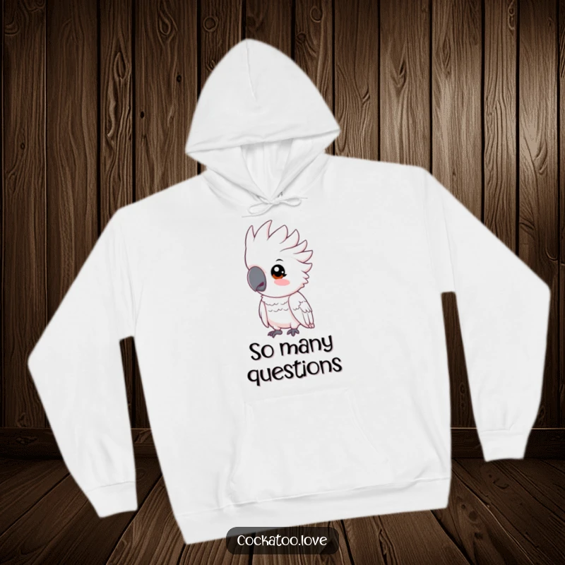Funny cockatoo hoodie showing a bird tilting its head inquisitively, perfect for cozy contemplation.