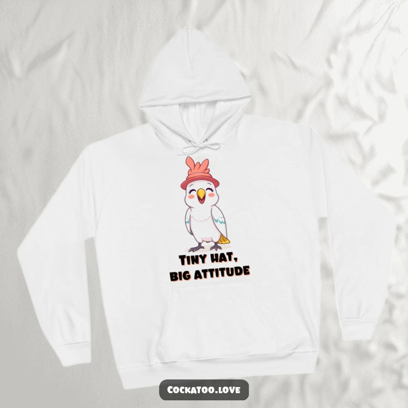 Funny Cockatoo Hat Hoodie a happy bird in a miniature hat squawks with delight, offering cozy comfort and a dose of pure, unadulterated humor.