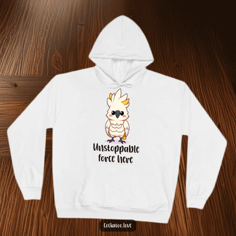 Funny Determined Cockatoo Hoodie: Comfortable hoodie with a cockatoo character standing tall and puffing its chest with resolve.
