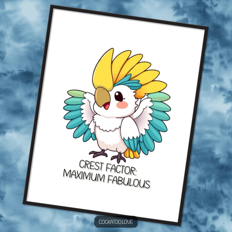 Funny Free Printable Wall Art: A vibrant cockatoo fanning its spectacular colorful crest with pure joy and excitement.