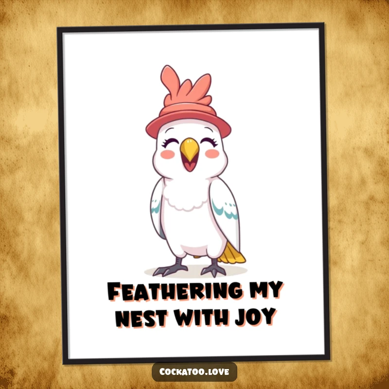 Funny Free Printable wall art: A cockatoo wearing a small hat, squawking with pure glee, adding humor to decor.