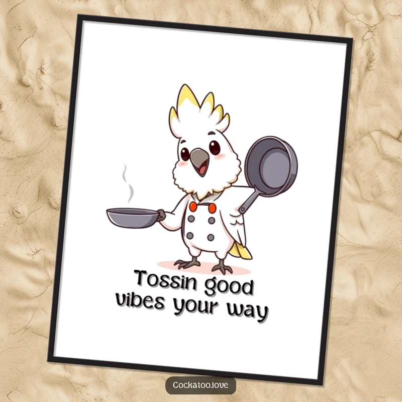 Funny Free Printable Wall Art of a joyful cockatoo dressed as a chef, enthusiastically tossing a pretend cooking pan.