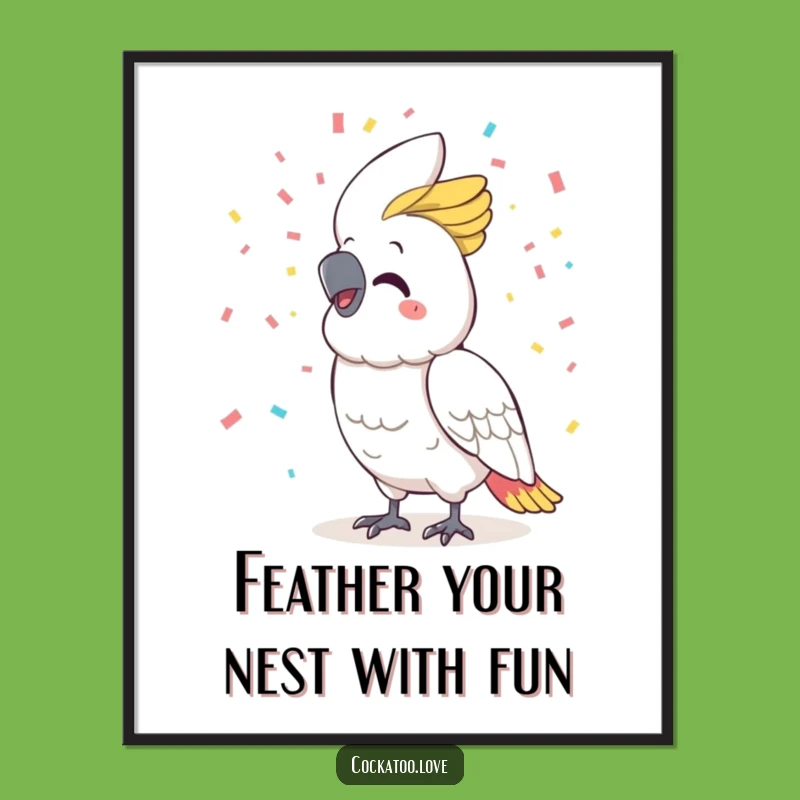 Free Printable Funny Cockatoo Wall Art: Confetti Smile Joyful Bird Downloadable Decor
