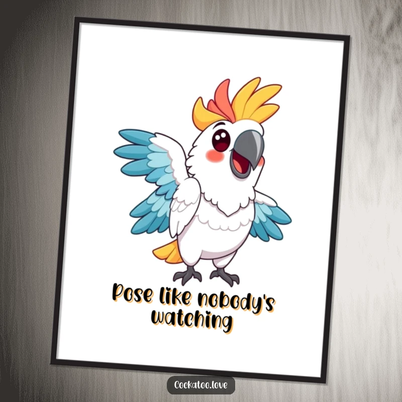 Funny Free Printable Wall Art: A cheerful cockatoo with vibrant feathers adopts a hilarious pose, bringing whimsical energy to any room.