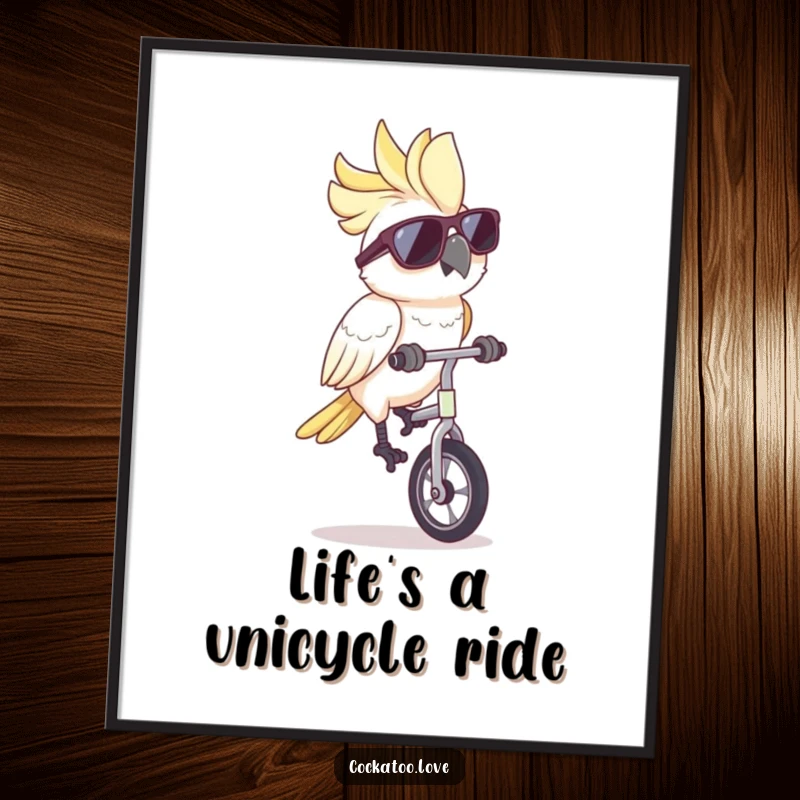 Funny Free Printable Wall Art: A cockatoo in cool sunglasses joyfully rides a tiny unicycle, exuding pure fun.