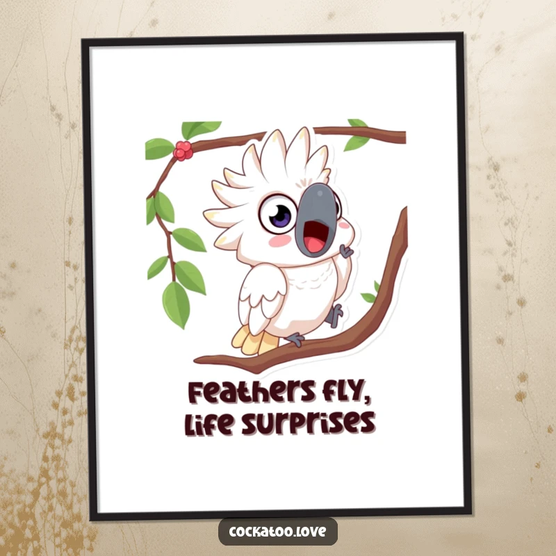 Funny Free Printable Wall Art shows a surprised cockatoo with wide eyes tumbling comically from a tree branch.