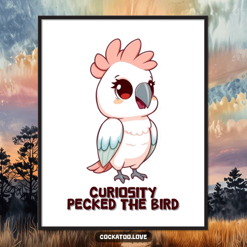 Funny Free Printable Wall Art: Cockatoo character tilting its head with curious eyes, observing the world with wonder.