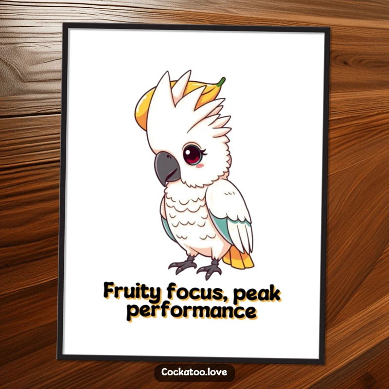 Funny Free Printable Wall Art: A cockatoo with unwavering focus balancing a large piece of fruit on its head.