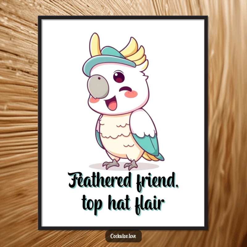 Funny Free Printable Wall Art: A cockatoo wearing a jaunty hat, exclaiming with pure glee and playful energy.