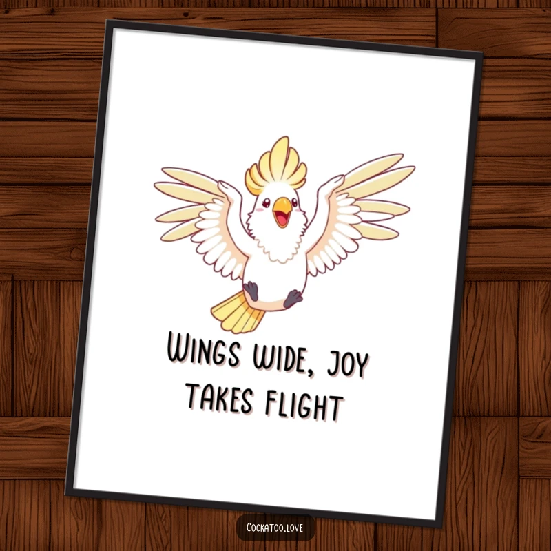 Funny Free Printable Wall Art: A cockatoo with wings outstretched, captured mid-leap in a moment of pure, unadulterated joy.