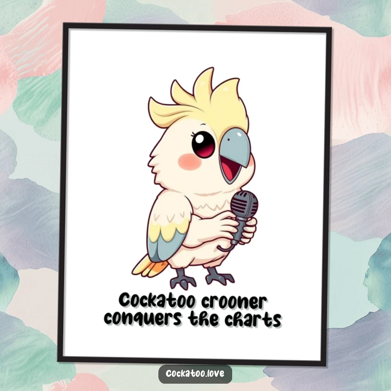 Funny Free Printable Wall Art: A cockatoo with a bright smile holding a tiny microphone, ready to perform.