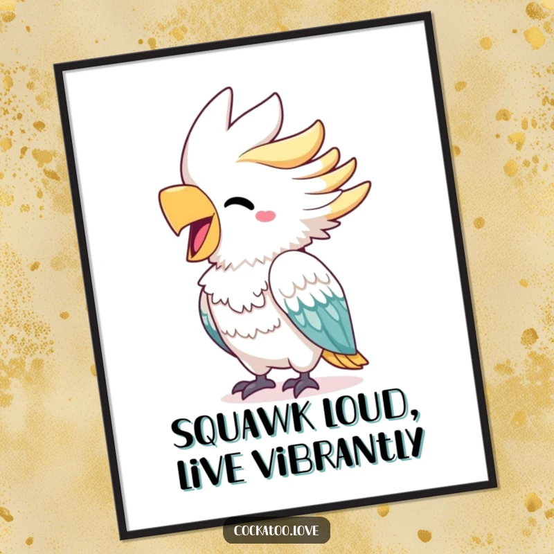 Funny Free Printable Wall Art: Cheerful cockatoo with a bright beak squawking loudly, exuding pure joy.