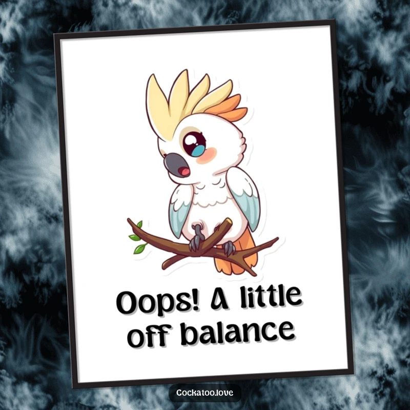 Funny Free Printable Wall Art: A comically surprised cockatoo mid-tumble from a branch, wide-eyed and flustered.