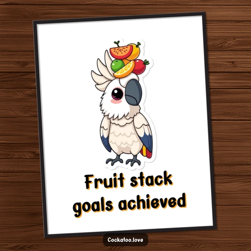 Funny free printable wall art of a determined cockatoo character with incredible balance, holding a stack of colorful fruits on its head.