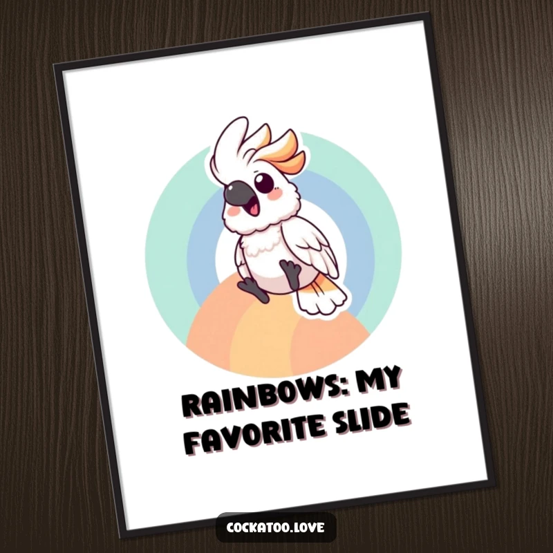 Funny free printable wall art of a cockatoo character sliding gleefully down a bright rainbow arc, adding a whimsical and fun touch.