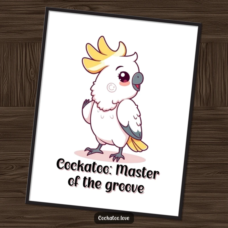 Funny Free Printable Wall Art: Cockatoo character doing a funny little shuffle dance with infectious energy.