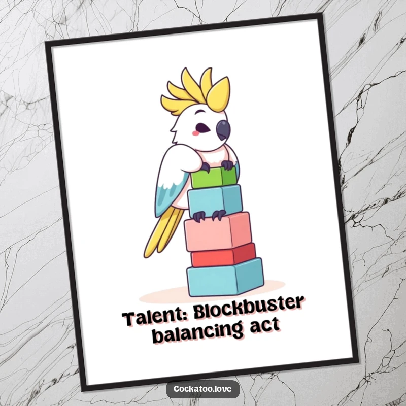 Funny Free Printable Wall Art: A cockatoo artistically balances a towering stack of brightly colored blocks with a mischievous grin.