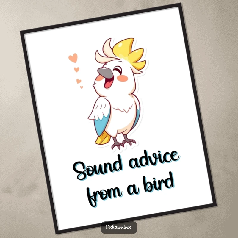 Funny Free Printable Wall Art of a cockatoo character caught mid-mimic, making a hilarious and comical sound.