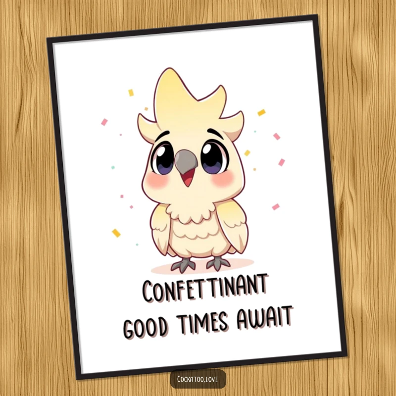Funny Free Printable Wall Art: Wide-Eyed Cockatoo Looking Up at a Cascade of Floating Confetti