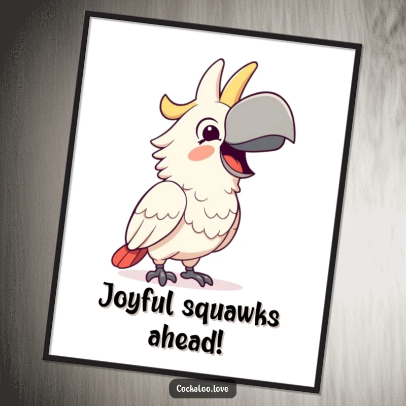 Funny Free Printable Wall Art: Happy cockatoo squawking delightedly with a wide beak, humorous downloadable decor for a cheerful vibe.