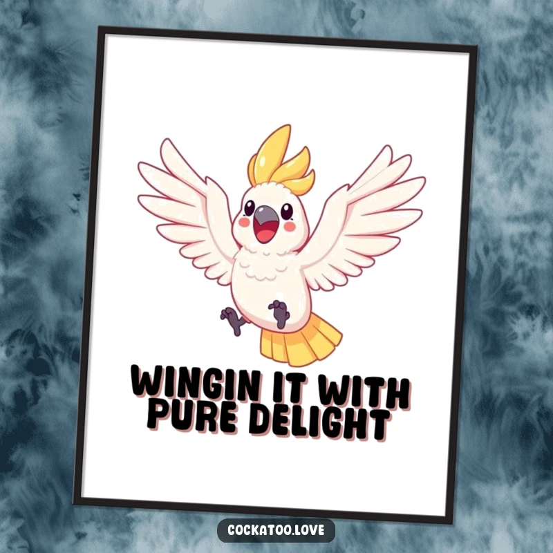 Funny Free Printable wall art: A happy cockatoo with its wings spread wide, joyfully leaping through the air.