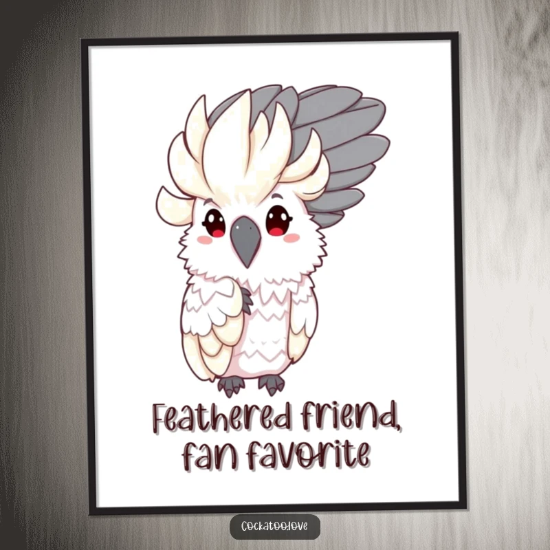 Funny Free Printable Wall Art: A shy cockatoo character tentatively peeking from behind a large, soft feather, embodying gentle curiosity.