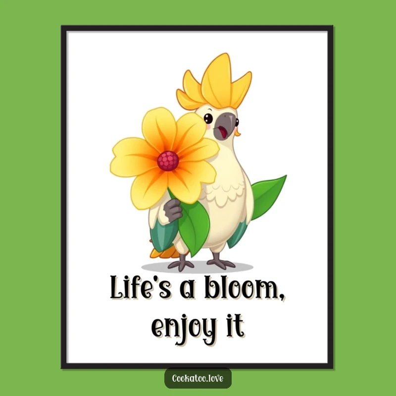 Funny Free Printable Wall Art: Cheerful Cockatoo Flower Offering - Quirky Downloadable Art