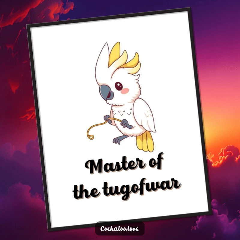 Free Printable Wall Art: A cockatoo is captured mid-play, playfully tugging on a string with a look of delightful mischief.