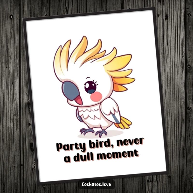 Funny Free Printable Wall Art: Cute cockatoo energetically bobbing its colorful crest with a playful vibe.