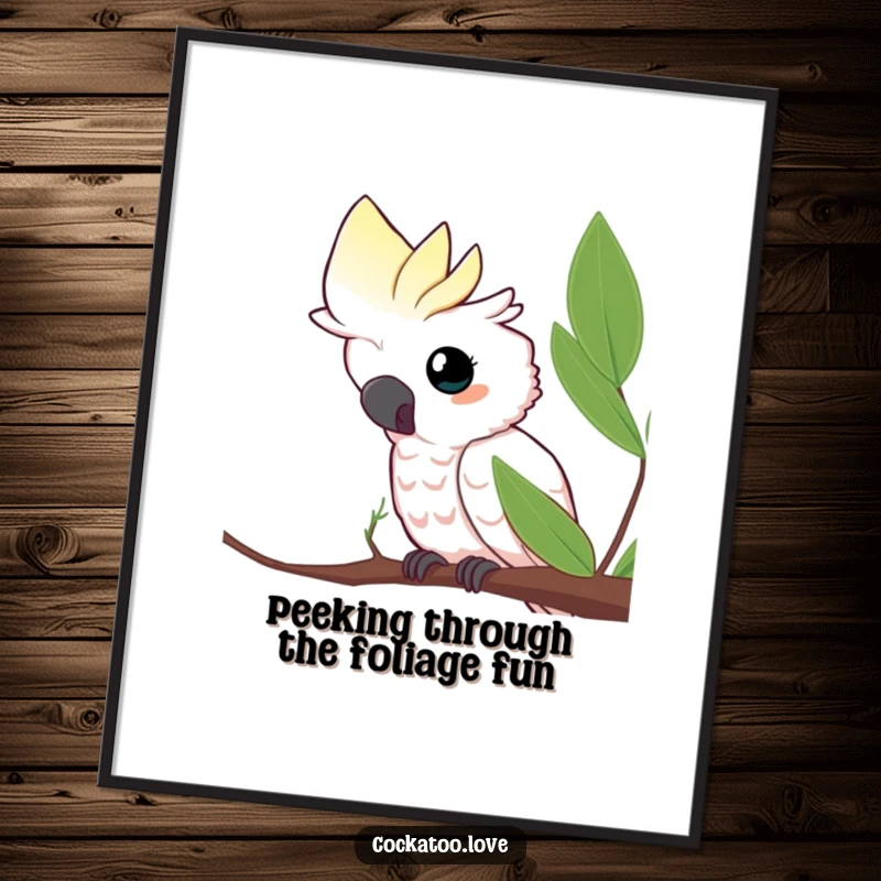 Funny Free Printable Wall Art depicting a curious cockatoo with a head tilt, peeking from behind a leaf.