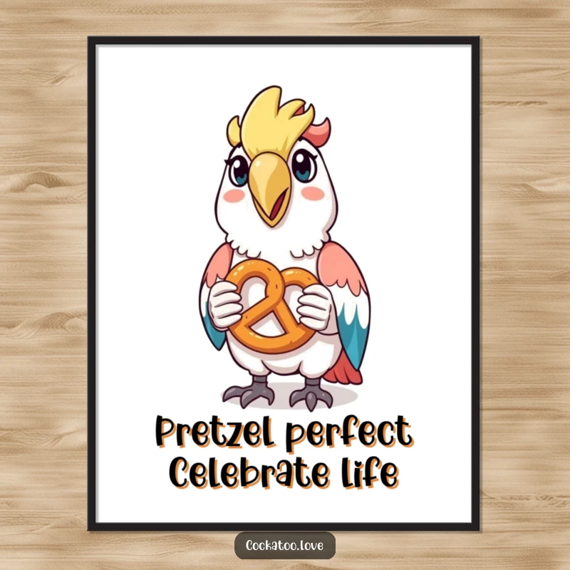 Funny Free Printable Wall Art of a cockatoo with a happy beak, holding a tiny pretzel, radiating snacky joy.