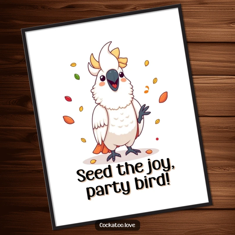 Funny Free Printable Wall Art: A cheerful cockatoo in mid-juggle with colorful seeds, creating a vibrant and humorous statement piece.