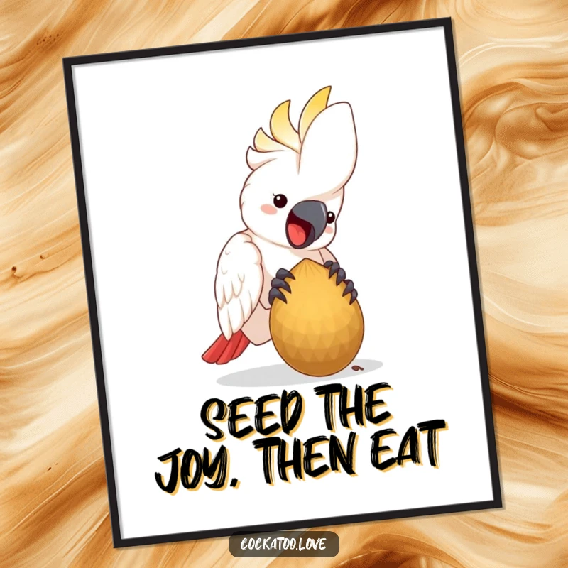 Free printable wall art of a happy cockatoo bird enthusiastically pecking at a large, succulent seed.