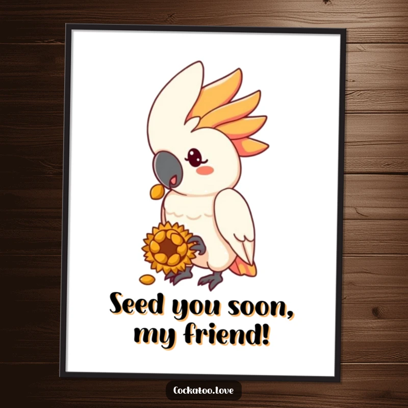 Funny Free Printable Wall Art: A friendly cockatoo character offering a sunflower seed, bringing a touch of sweet charm to any room.