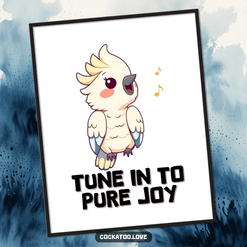 Free Printable Wall Art: A cockatoo with its head tilted back, happily whistling a musical tune, bringing vibrant energy.