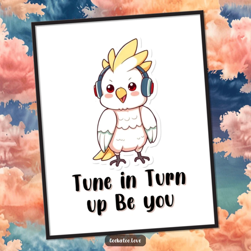 Funny Free Printable Wall Art showcasing a cockatoo with headphones, blissfully bopping to music, radiating cool vibes.