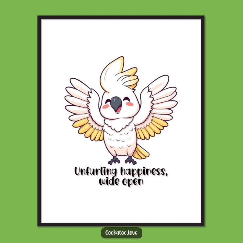Funny Free Printable Wall Art: Happy Cockatoo Wing Stretch Design for Joyful Downloadable Decor