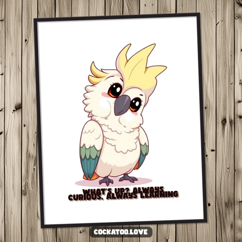 Funny Free Printable Wall Art: Playful cockatoo tilting its head with an inquisitive and charming expression.