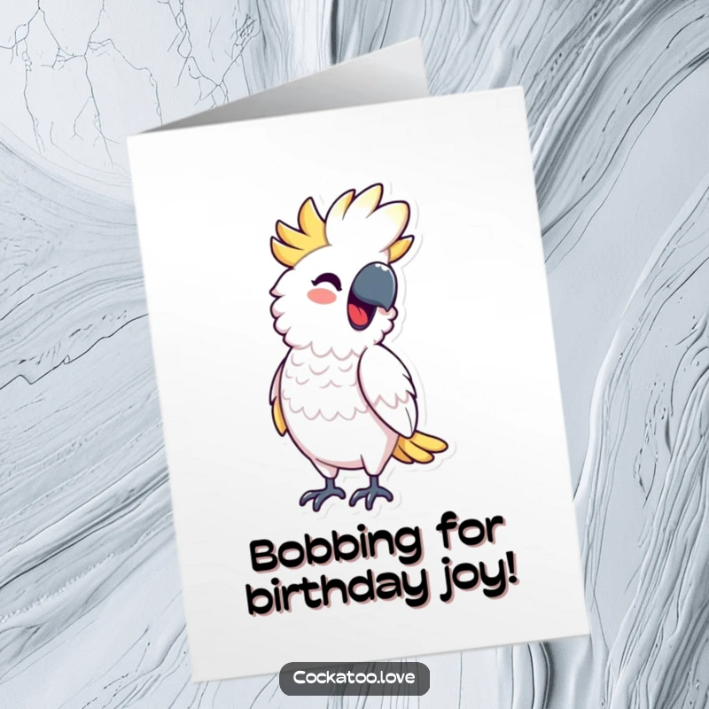 Funny Free Printable Birthday Card: Cockatoo bobbing rhythmically with a smile, a humorous downloadable greeting for a happy birthday.