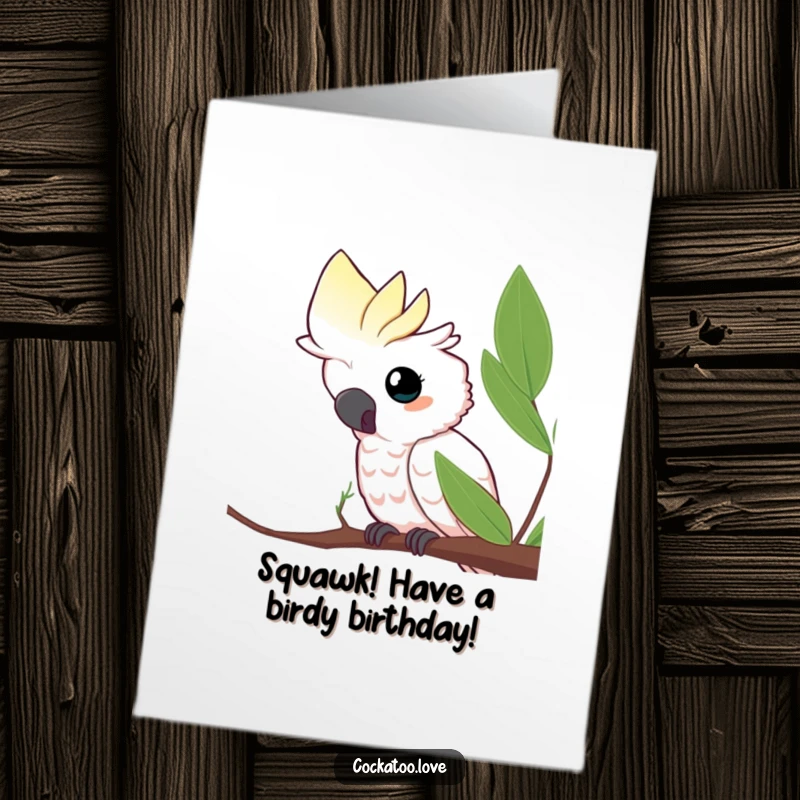 Funny Free Printable Birthday Card of a curious cockatoo character peeking playfully from behind a large green leaf.