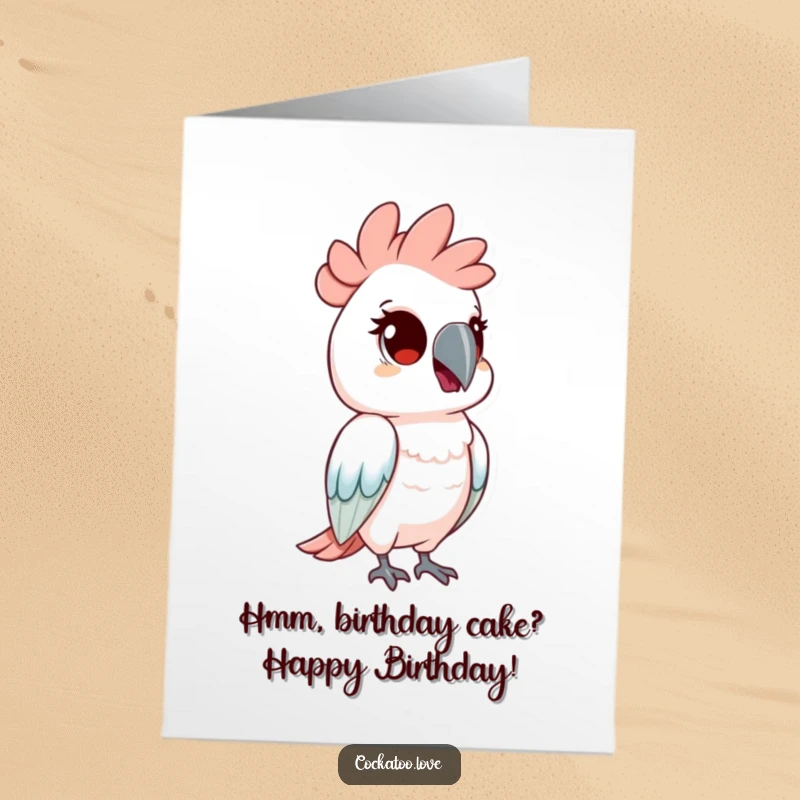 Funny Free Printable Birthday Card: Cockatoo character tilting its head with curious eyes, wondering about your special day.