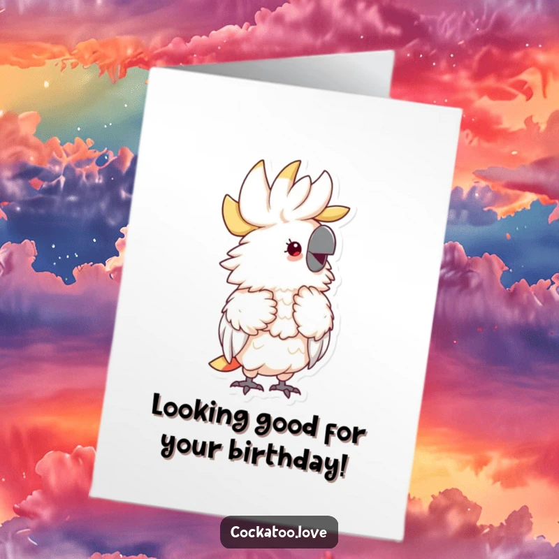 Funny Free Printable Birthday Card: a fluffy cockatoo preening itself with an expression of pure delight.