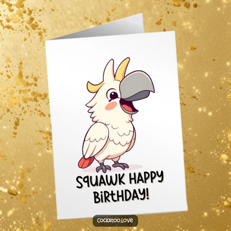 Funny Free Printable Birthday Card: Happy cockatoo squawking with delight, a cheerful and humorous downloadable greeting.